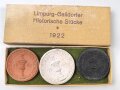 "Gaildorf 1434-1922" Drei Porzellanmedaillen in  beschädigtem Etui " Limpurg Gaildorfer Historische Stücke 1922"