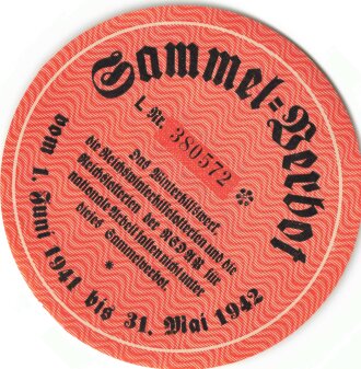 Winterhilfswerk Türplakette "Sammel-Verbot vom 1. Juni 1941 bis 31. Mai 1942" 100mm