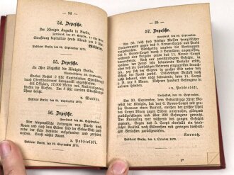 "Sämtliche amtliche Depschen vom Kriegs-Schauplatz 1866, 70 u. 71" datiert 1871,  134 Seiten, DIN A6, gebraucht mit Goldschnitt