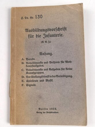 H.Dv. 130 "Ausbildungsvorschrift für die Infanterie" datiert 1922, DIN A6, 97 Seiten, gebraucht