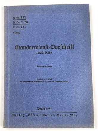 H.Dv. 131 "Standortdienst-Vorschrift" datiert 1941, DIN A4, 104 Seiten, gebraucht