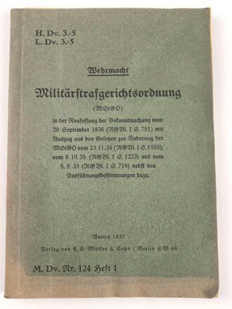 H.Dv. 3/5 "Militärstrafgerichtsordnung" datiert 1937, DIN A5, 157 Seiten, gebraucht