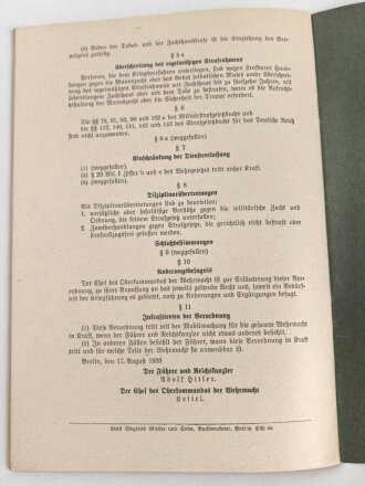 H.Dv. 3/1 "I. Militärstrafgesetzbuch - II. Kriegssonderstrafrechtsverordnung" datiert 1940, DIN A5, 32 Seiten, gebraucht