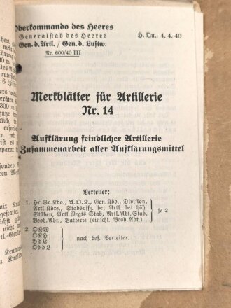 Oberkommando des Heeres, Sammlung von "Merkblätter für die Artillerie" datiert ab 1939