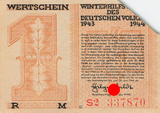 Winterhilfswerk des Deutschen Volkes 1943 1944, Wertschein 1 Reichsmark