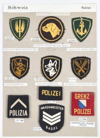 Schweiz, Sammlung Ärmelabzeichen der Polizei, auf Karton getackert