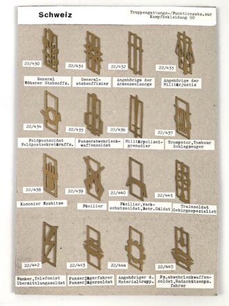 Schweiz, Sammlung Truppengattungs und Funktionsabzeichen zur Kampfbekleidung, auf Karton befestigt