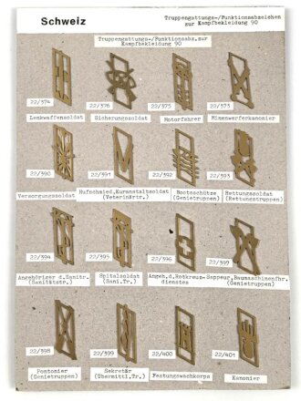 Schweiz, Sammlung Truppengattungs und Funktionsabzeichen zur Kampfbekleidung, auf Karton befestigt