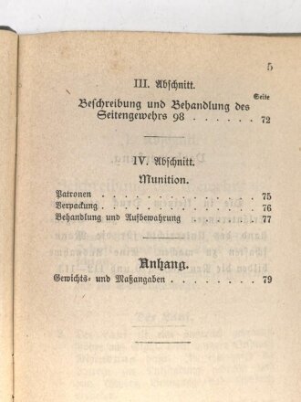 D.V.E. Nr. 275a. "Leitfaden betreffend das Gewehr und Seitengewehr 98" datiert 1902, 79 Seiten, DIN A6, gebraucht