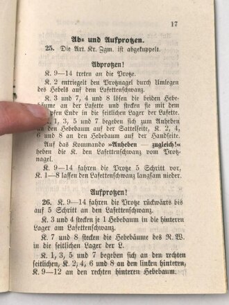 "Ausbildungsvorchrift für die schwere Artillerie - Die 15cm Kanone 16 kp." datiert 1917, 27 Seiten, DIN A6, gebraucht, neu eingebunden