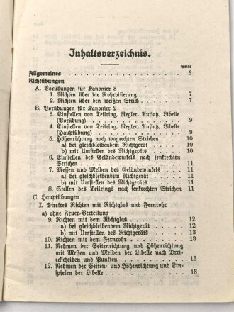 "Anleitung zur Ausbildung der Richtkanoniere am Rundblickfernrohr (für Feldkanonen-Batterien)." datiert 1914, 40 Seiten, DIN A6, gebraucht