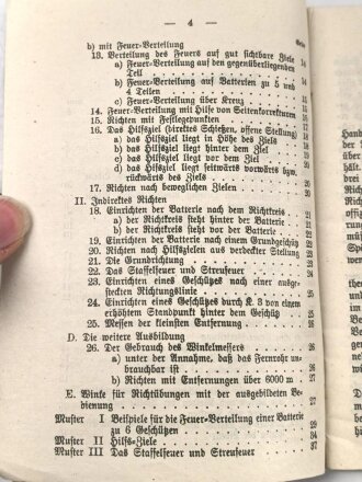 "Anleitung zur Ausbildung der Richtkanoniere am Rundblickfernrohr (für Feldkanonen-Batterien)." datiert 1914, 40 Seiten, DIN A6, gebraucht