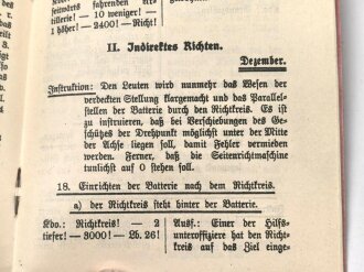 "Anleitung zur Ausbildung der Richtkanoniere am Rundblickfernrohr (für Feldkanonen-Batterien)." datiert 1914, 40 Seiten, DIN A6, gebraucht