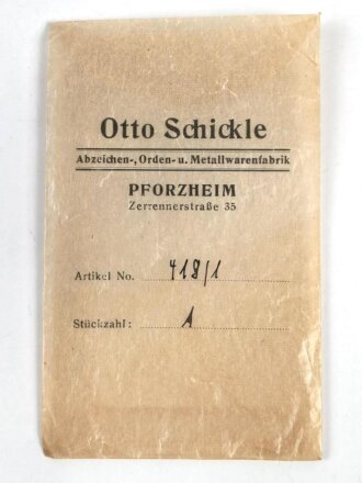 Otto Schickle Abzeichen , Orden- u. Metallwarenfabrik Pforzheim, Tüte 7,5 x 12cm