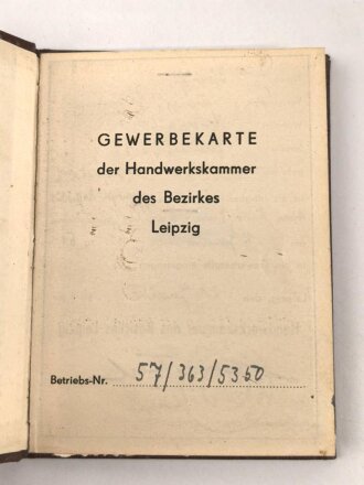 DDR, Gewerbekarte , ausgestellt bei der Handwerkskammer Leipzig 1956