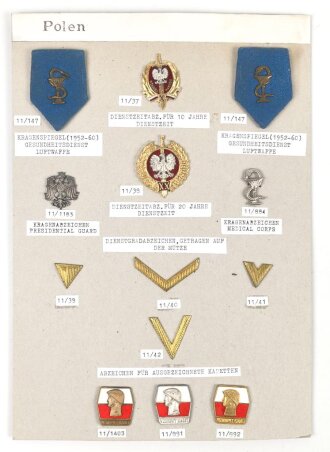Polen, Sammlung verschiedener Abzeichen und Rangabzeichen, auf Karton teils geklebt