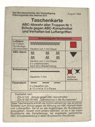 Bundeswehr,  "Taschenkarte ABC Abwehr aller Truppen" vom August 1985