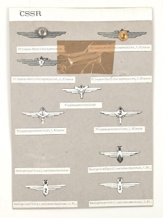 Tschechoslowakai, Sammlung Brustabzeichen und Ärmelabzeichen der Luftwaffe, teils auf Karton getackert