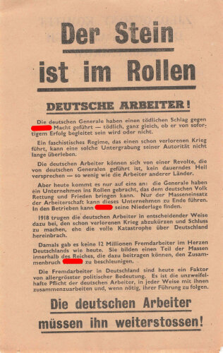 Flugblatt "Der Stein ist im Rollen!" XG.20, ca. DIN A5, polnische Rückseite