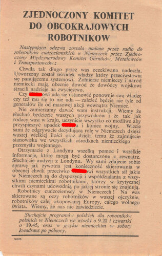 Flugblatt "Der Stein ist im Rollen!" XG.20, ca. DIN A5, polnische Rückseite