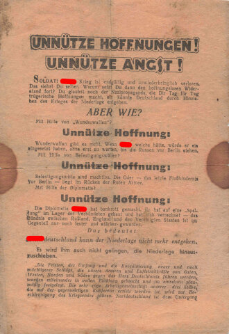 Sowjetisches Kriegs-Flugblatt "Unnütze Hoffnungen! Unnütze Angst! 3320-6. III. 1945, ca. DIN A5