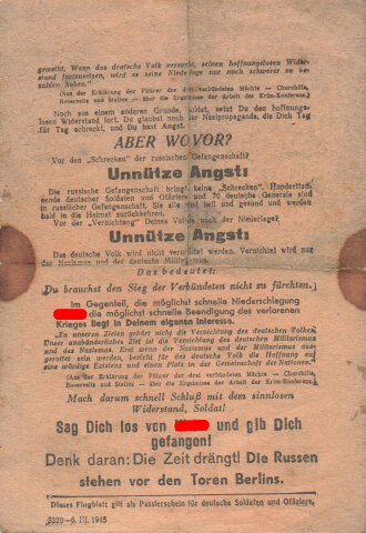 Sowjetisches Kriegs-Flugblatt "Unnütze...