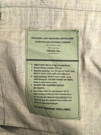 U.S. Army "Trousers , hot weather, woodland" dated 1995, size 4X Large Regular