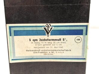 Pack " 3 qm Jodoformmull" Hergestellt 1940. Maße 10,5 x 19x 5cm