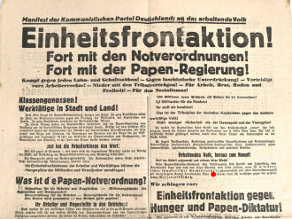 "Einheitsfrontsaktion" Manifest der Kommunistischen Partei Deutschlands an das arbeitende Volk, Maße 31 x 47 cm, gefaltet