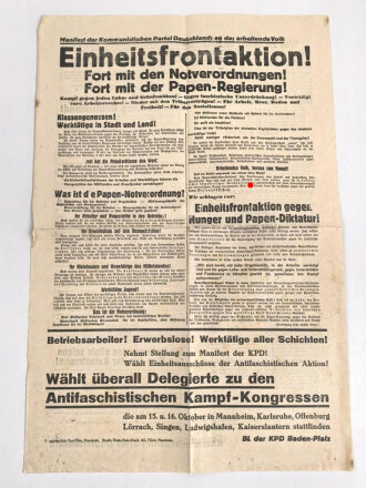 "Einheitsfrontsaktion" Manifest der Kommunistischen Partei Deutschlands an das arbeitende Volk, Maße 31 x 47 cm, gefaltet