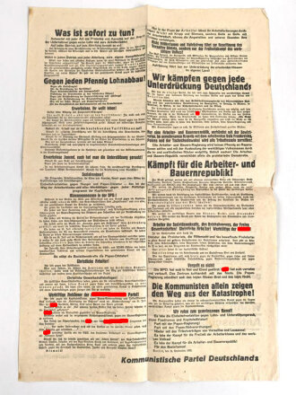 "Einheitsfrontsaktion" Manifest der Kommunistischen Partei Deutschlands an das arbeitende Volk, Maße 31 x 47 cm, gefaltet