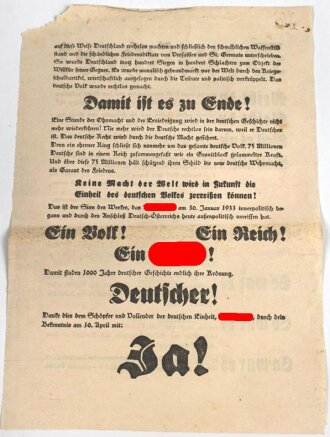 Flugblatt "Deutscher!" anlässlich der Volksabstimmung 1938, defekt