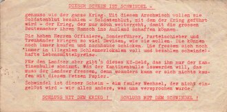 Flugblatt "Dieser Schein ist Schwindel" gedruckt auf einen Fünfzig Reichspfenning Behelfszahlungsschein der Deutschen Wehrmacht, Maße 12 x 6 cm