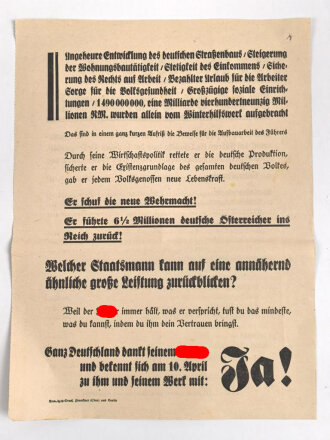 Flugblatt "Der Führer hält, was der verspricht!" anlässlich der Volksabstimmung 1938