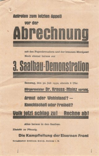 Flugblatt  Die Kampfleitung der Eisernen Front "Antreten zum letzten Appel vor der Abrechnung" datiert 1932, Karlsruhe, mehrere Löcher, über DIN A5