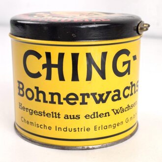 Blechdose " Ching Hartwachsbeize" Bohnerwachs Chemische Industrie Erlangen GmbH. Durchmesser 120mm, Höhe 105mm, Deckel verbeult