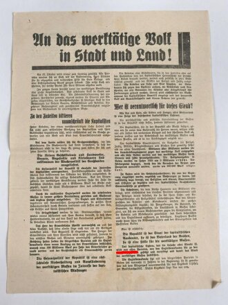 Flugblatt "An das werktätige Volk in Stadt und Land!" Kommunistische Partei anlässlich der Wahlen am 27.10.1918