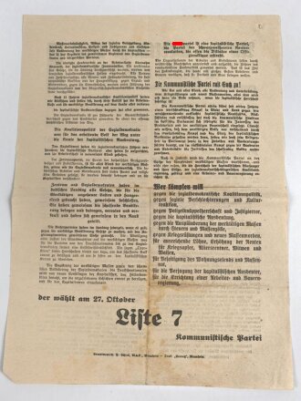 Flugblatt "An das werktätige Volk in Stadt und Land!" Kommunistische Partei anlässlich der Wahlen am 27.10.1918