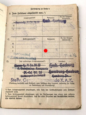 Soldbuch Heer, ausgestellt am 29. August 1939 bei leichte Pionier Kolonne Pionier Btl 50