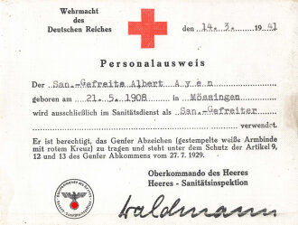 Personalausweis Rotes Kreuz/Oberkommando des Heeres "Trageberechtigung Rot Kreuz Armbinde", datiert 1941, Stoff