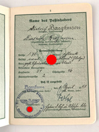 Polizei Dienstpaß eines Angehörigen aus Hamburg, ausgestellt 1941