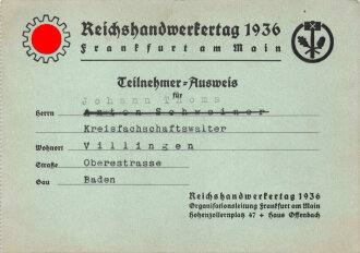 Reichshandwerkertag 1936 Frankfurt am Main "Teilnehmer-Ausweis"