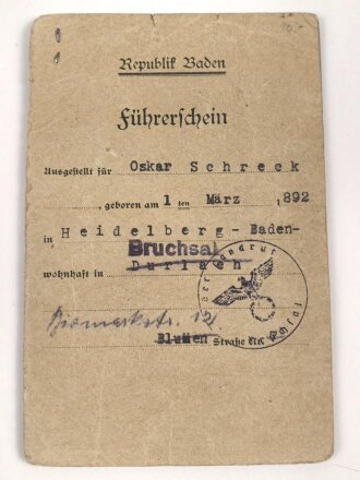 Republik Baden - Führerschein eines Mannes aus Bruchsal, ausgestellt 1926