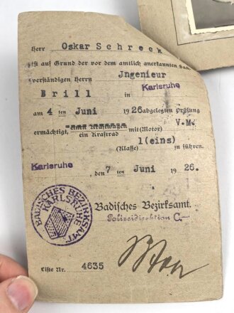 Republik Baden - Führerschein eines Mannes aus Bruchsal, ausgestellt 1926