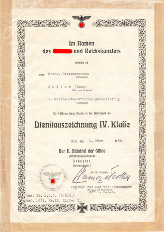 Verleihungsurkunde für die Dienstauszeichnung 4. Klasse der Kriegsmarine eines Stabsmatrosen der Marineunteroffizierlehrabteilung