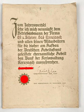 Die Deutsche Arbeitsfront, Kreisobmann der DAF, Danksagen an die Ehrenamtlichen Mitarbeiter der Kreiswaltung Kreuznach, 1937, stark gebraucht, über DIN A4