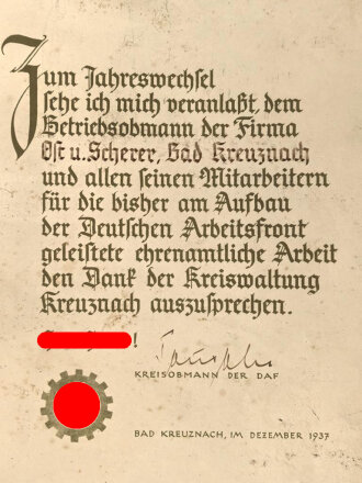 Die Deutsche Arbeitsfront, Kreisobmann der DAF, Danksagen an die Ehrenamtlichen Mitarbeiter der Kreiswaltung Kreuznach, 1937, stark gebraucht, über DIN A4