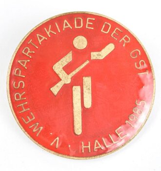 DDR, Anstecker " Wehrspartakiade der GST Halle 1985" Durchmesser 40mm, rot