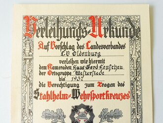 Stahlhelmbund Wehrsportkreuz Verleihungsurkunde datiert 1932, Abzeichen Nr. 305