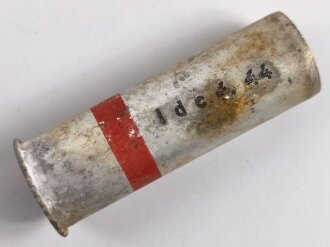 Abgeschossene Aluminiumhülse für die Signalpatrone Einzelstern Rot, datiert 1944, Hersteller ldc (Deutsche Pyrotechn. Fabriken G.m.b.H. Werk Cleebronn)